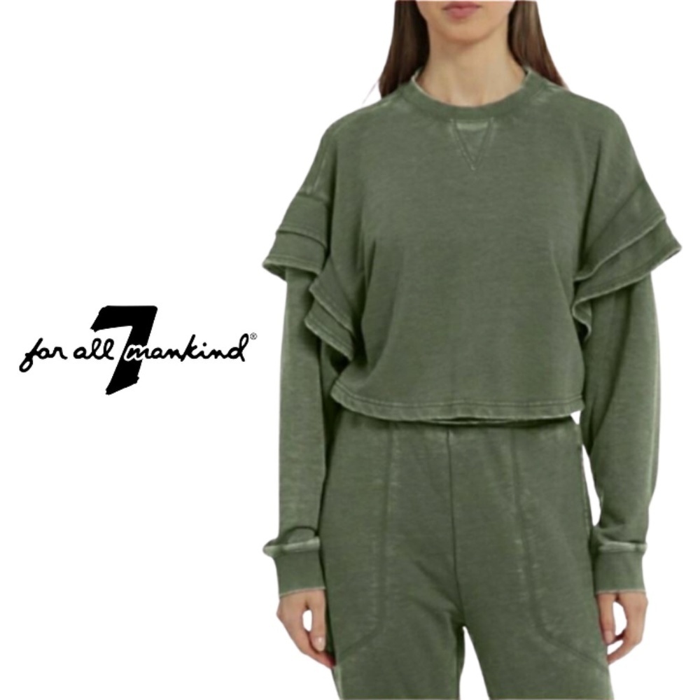 7 FOR ALL MAN KIND Ruffle Relaxed Sweatshirt Pullover - Olive Green - Size Small